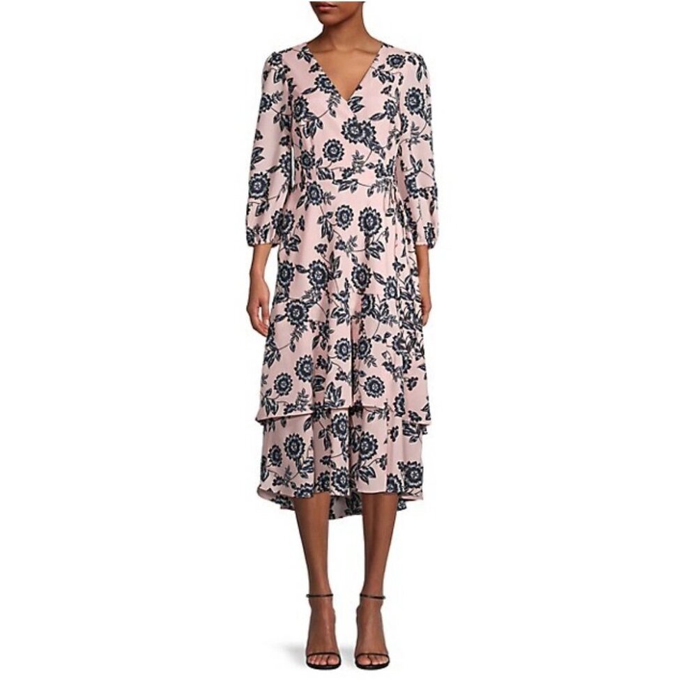 NWT Eliza J Womens Size 12 Pink Navy Floral Faux Wrap Long Sleeve Midi Dress NEW - Picture 8 of 8